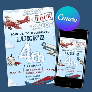4th Birthday Airplane Invitation | Ready FOUR Takeoff Bday Party Invite | Editable Canva Template