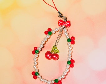 Pearly Cherry | hand beaded Korea phone & camera charm chain Y2k accessory