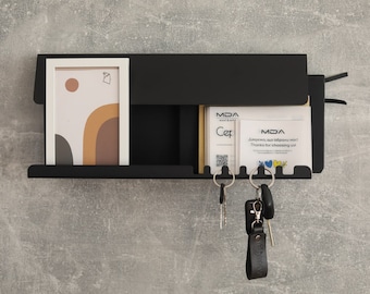 Wall mounted key holder with shelf | Industrial metal shelf | Modern metal key holder | Black hanger key hooks | Modern wall magazine rack |