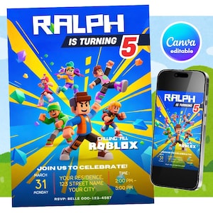 Roblox Birthday Invitation Template: Game Party, Editable Canva Design (5x7 inch) (Digital Download