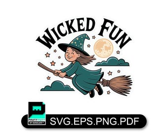 Kids Halloween SVG, Wicked Fun PNG, Cute Witch on Broom, Toddler Halloween Shirt, Moon and Stars Clipart, Cricut File, Instant Download