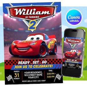 Cars Birthday Invitation | Lightning McQueen Invitation, Kids Birthday Invitation | Editable Personalized Canva Printable Digital Invitation