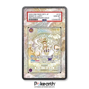 Może przedstawiać: Karta kolekcjonerska z Monkey D. Luffy z serii One Piece. Karta ma złoty i wielokolorowy design z japońskim tekstem i oceną Gem Mint 10. Karta jest zamknięta w czarnym uchwycie.