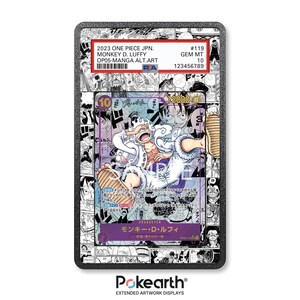 Może przedstawiać: Oceniona karta kolekcjonerska z Monkey D. Luffy z One Piece. Karta ma kolorową ilustrację postaci i jest zamknięta w ochronnym uchwycie. Karta jest oznaczona tekstem "2023 ONE PIECE JPN."