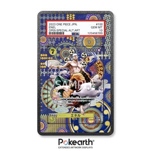 Może przedstawiać: Karta kolekcjonerska z Enel z serii 2023 One Piece JPN. Karta ma niebiesko-złote tło z tekstem "SAMPLE" i japońskimi znakami. Karta jest oceniona i zamknięta w ochronnym uchwycie.