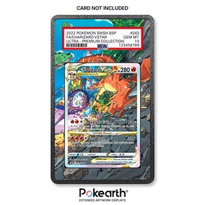 Puede incluir: Un marco de exhibición rectangular negro que contiene una carta Pokemon SWSH BSP #262 Charizard VSTAR de 2022 con una etiqueta de calificación PSA Gem Mt 10. La ilustración muestra a un Charizard en un paisaje rocoso con texto como Explosive Fire.