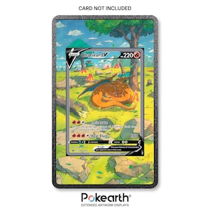 May include: A black rectangular display frame featuring an extended artwork background of a grassy field with trees and rocks. A Charizard V trading card with 220 HP is centered in the frame. The text CARD NOT INCLUDED is at the top.
