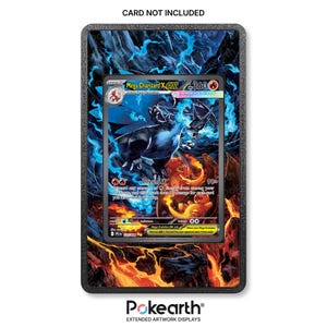 May include: A rectangular display frame featuring a black border and a printed background of blue flames and molten lava. The center contains a Mega Charizard X trading card with 360 HP and the text Inferno X. The top reads CARD NOT INCLUDED.