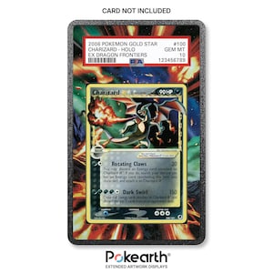 May include: A 2006 Pokemon Gold Star Charizard Holo EX Dragon Frontiers trading card encased in a PSA graded slab. The card features a dark-colored Charizard with wings spread, breathing fire, with text including Rotating Claws and Dark Swirl.