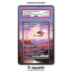 May include: A rectangular black display frame containing a PSA graded 2023 Pokemon Charizard ex #199 Special Illustration Rare card. The card features a Charizard flying over a volcanic landscape. The label reads 2023 POKEMON MEW EN CHARIZARD ex #199 GEM MT 10.