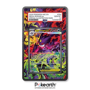 Pode incluir: Um cartão Pokémon classificado com Mega Gengar EX. O cartão está envolto em um suporte preto com um fundo abstrato colorido. Os detalhes do cartão incluem o texto "Mega Gengar EX" e "Special Illustration Rare."