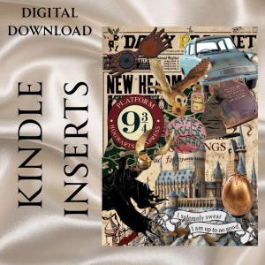 May include: A collage of images and text related to the Harry Potter series. Includes a Platform 9 3/4 sign, an owl, a golden snitch, and a Hogwarts castle. The words "DIGITAL DOWNLOAD" and "KINDLE INSERTS" are also visible.