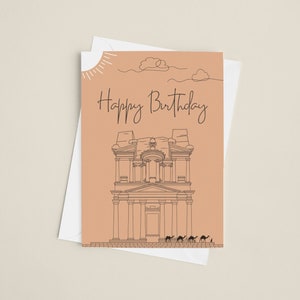 Tarjeta de felicitación de cumpleaños inspirada en la antigua Jordania, inspirada en Petra. Recuerdo histórico jordano árabe de Oriente Medio.