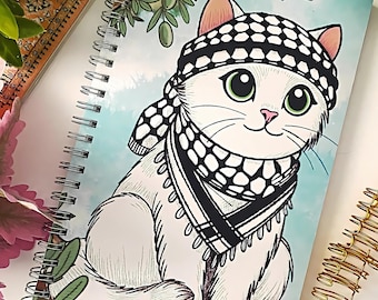 Stylish Keffiyeh Cat A5 Spiral Notebook - Unique Feline Journal for Middle Eastern Inspired Art Lovers