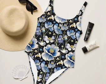 Eco-friendly one-piece swimsuit, sculpting, low back, recycled, surreal floral, indigo galaxy print, beach, poolside