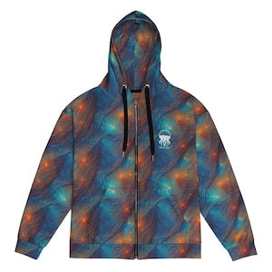 Puede incluir: Una sudadera con cremallera con un patrón abstracto vibrante en tonos de azul, naranja y verde azulado. El diseño presenta un motivo repetitivo y arremolinado. La sudadera con capucha tiene una cremallera negra y un pequeño logotipo blanco en el pecho que dice "JELLY WOLF".