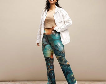 Leggings acampanados ecológicos, de talle alto, compresión suave, reciclados, transpirables, diseño cósmico, yoga, danza, oscuridad celestial.