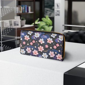 Midnight Sakura Zipper Wallet: Vegan Leather Cherry Blossom Purse