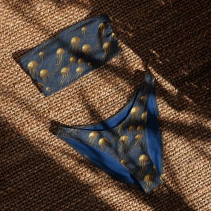 Eco-Friendly Bandeau Bikini, Recycled Blue and Gold Jellyfish Print, High-Cut Swimwear, Cosmic Ocean Aesthetic, UPF 50+