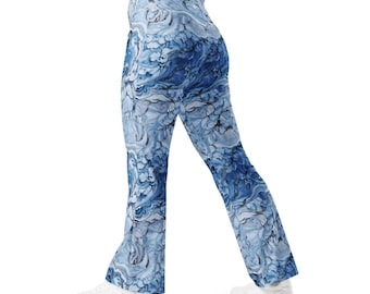 Eco-friendly flare leggings, high-waisted, recycled, soft compression, moisture-wicking, marble pattern, yoga, everyday wear