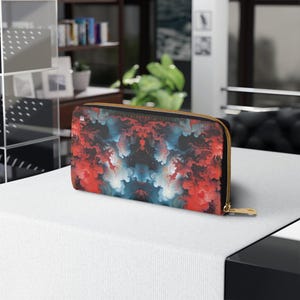 Carteira com zíper Ethereal Crimson Flow – Estampa floral cósmica vermelha clara, bolsa vegana artística, design místico, presente elegante para ela