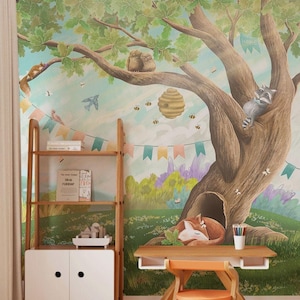 Woodland Nursery Removable Wallpaper - Friendly Forest Animals and Tree Design for Kids Room or Playroom - High-Quality Wall Covering