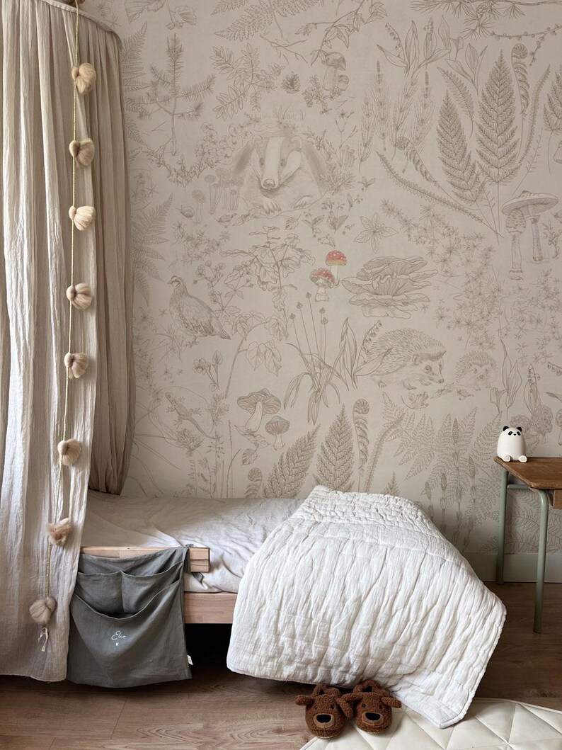 Cogumelo papel de parede, paddenstoel decoratie kinderkamer, bunny and mushroom mural, vintage kitchen mushroomwallpaper, nature wallpaper image 2