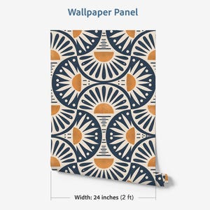 May include: A wallpaper panel with a repeating pattern of dark blue and cream semicircles featuring orange sun-like shapes and thin lines. The text Wallpaper Panel is at the top, and the width is labeled as 24 inches (2 ft) at the bottom.