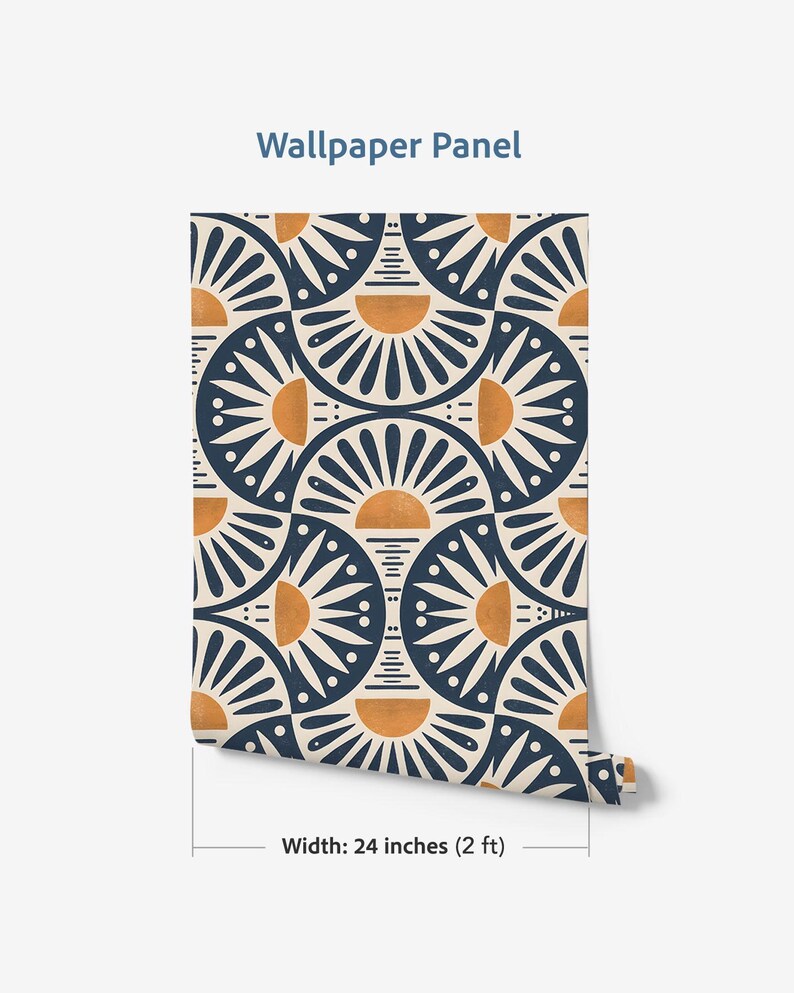 May include: A wallpaper panel with a repeating pattern of dark blue and cream semicircles featuring orange sun-like shapes and thin lines. The text Wallpaper Panel is at the top, and the width is labeled as 24 inches (2 ft) at the bottom.