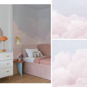 Murale per bambini con nuvole rosa pastello, murale temporaneo con cielo azzurro nuvoloso, carta da parati personalizzata rimovibile per bambini, murale adesivo sottile,