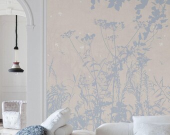 Blue Botanical Wall Mural, Beige Nature Wallpaper for Bedroom or Living Room, Soft Scandinavian Decor