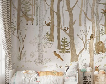May include: A white and brown woodland mural with a variety of animals including a fox, deer, squirrel, owl, and bear. The mural is in a child's bedroom with a white bed and a brown and white patterned blanket.