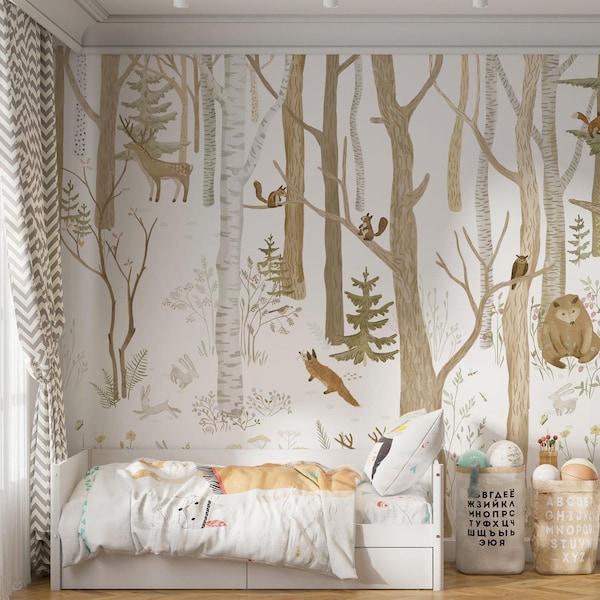 Winter forest tale wallpaper, bear and bunny mural, fox temporary wall mural, birds and trees adhesive removable wallpaper for toddler 2-103
