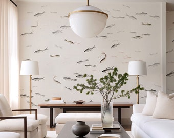 Papel pintado de peces de acuarela, mural de pared minimalista, mural de papel pintado de peces, papel pintado de diseño, revestimiento de paredes de tamaño personalizado
