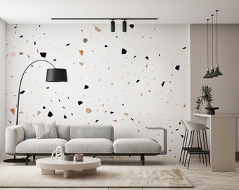 Murale en vinyle terrazzo, papier peint terrazzo coloré, décoration murale terrazzo moderne, papier peint moutarde blanc noir, mur terrazzo minimaliste