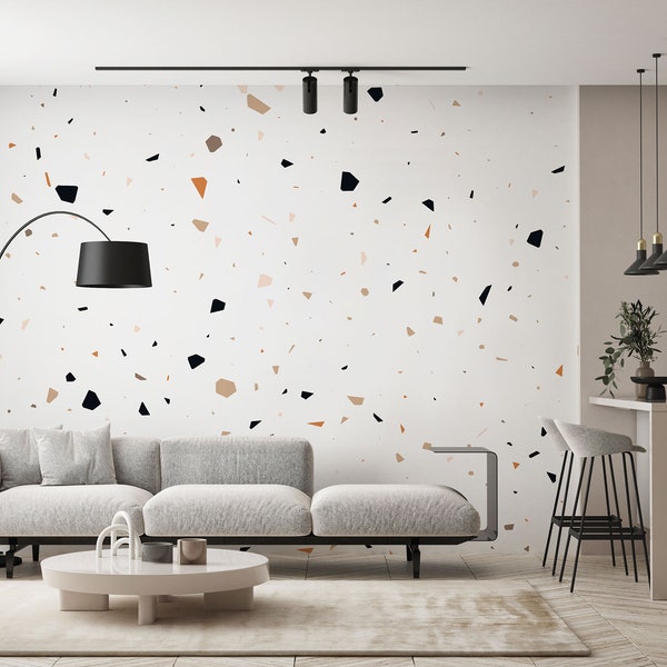 Terrazzo vinyl mural, colorful terrazzo wallpaper, modern terrazzo wall decor, black white mustard wallpaper, minimalistic terrazzo wall