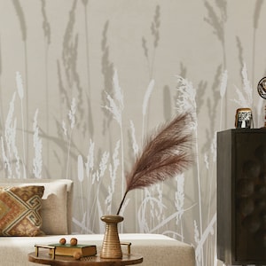 Boho rustic beige wallpaper for bedroom or living room. Flower wall covering image 3