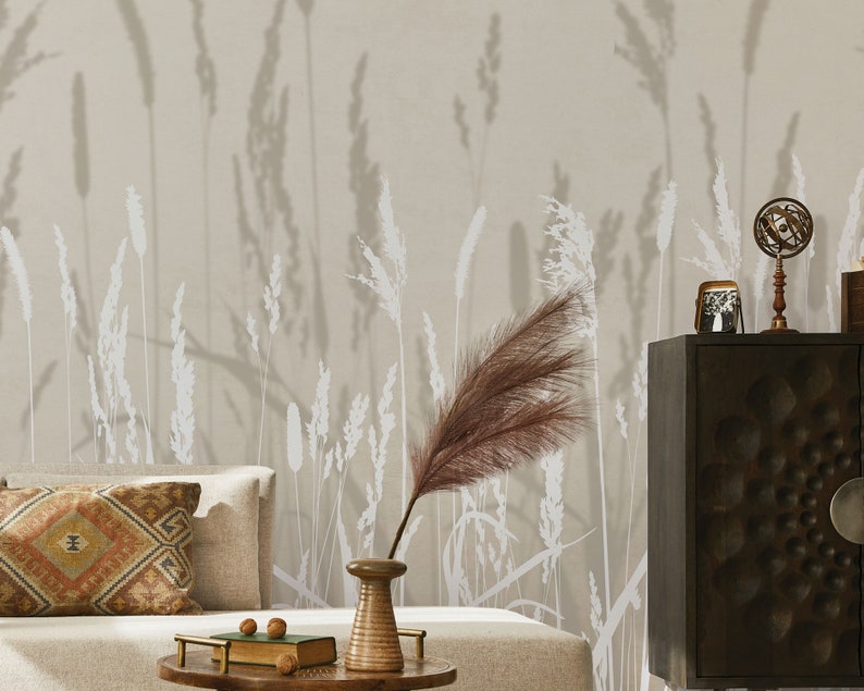 Boho-rustikale beige Tapete für Schlafzimmer oder Wohnzimmer. Blumenwandverkleidung Bild 3