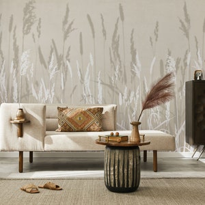 Boho-rustikale beige Tapete für Schlafzimmer oder Wohnzimmer. Blumenwandverkleidung Bild 4