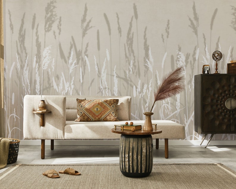 Boho-rustikale beige Tapete für Schlafzimmer oder Wohnzimmer. Blumenwandverkleidung Bild 4