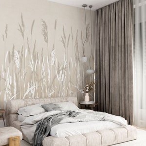 Boho-rustikale beige Tapete für Schlafzimmer oder Wohnzimmer. Blumenwandverkleidung Bild 1