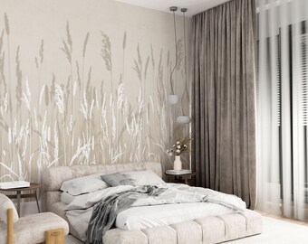 Papier peint Boho rustique beige pour chambre ou salon. Revêtement mural fleuri