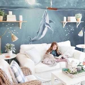 Carta da parati sottomarina, murale adesivo con balena blu, carta da parati con barca per la cameretta dei bambini, murale temporaneo per la cameretta dei bambini, murale personalizzato con oceano profondo