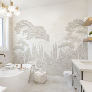 Mediterranean pine trees forest murals, beige boho interior designs, watercolor hand drawn wallpaper, removable peel&stick adhesive mural