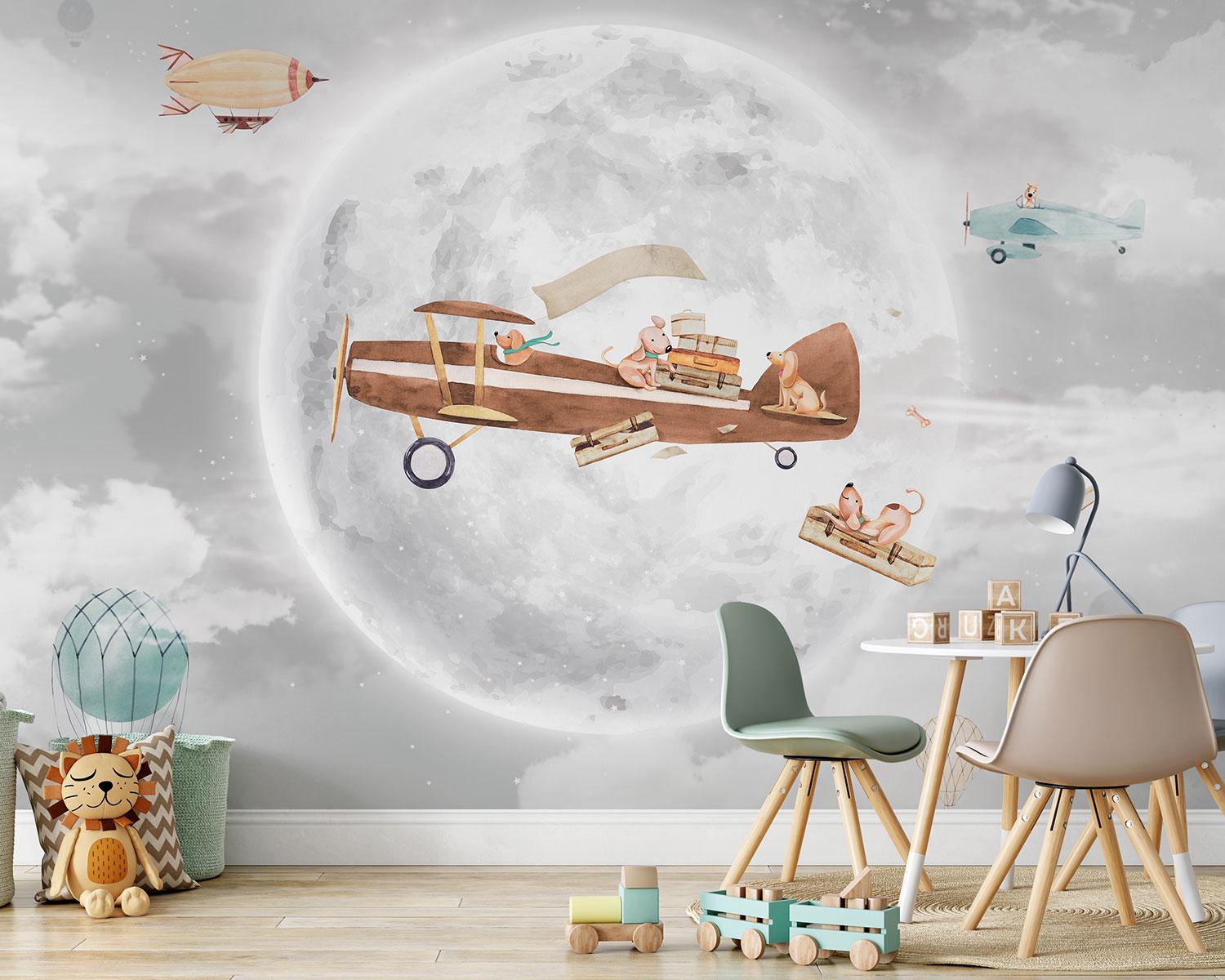 Vintage Airplane Nursery Wallpaper With Flying Dogs, Hot Air Balloon ...