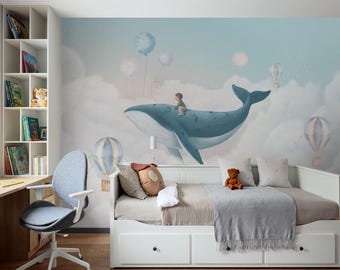 Whimsical Whale Wallpaper – Flying Animal Wall Mural with Clouds and Balloons – Boys Room or Nursery Dreamy Wallpaper, 7-159 color 1
