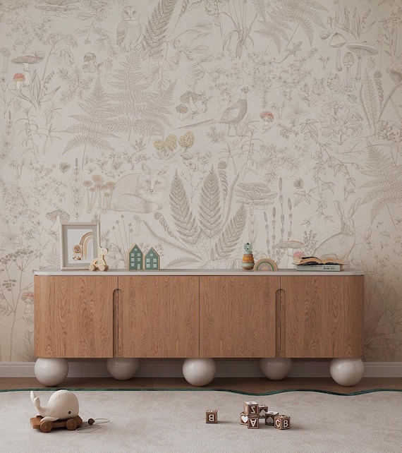 Cogumelo papel de parede, paddenstoel decoratie kinderkamer, bunny and mushroom mural, vintage kitchen mushroomwallpaper, nature wallpaper