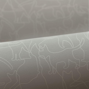 May include: A light gray paper with a repeating pattern of white cat outlines. The cats are depicted in various poses, creating a playful and whimsical design. The paper has a subtle texture and a soft, neutral color palette.