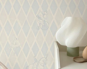 Circus Wallpaper for Nursery in Soft Blue and Cream, Vintage Harlequin Pattern with Elephant, Tent, Lion, Clown and Acrobat, Kids Wall Mural