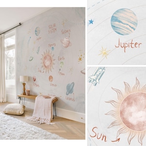 Carta da parati con il sistema solare per bambini, murale beige con stelle, rivestimento murale con galassia per sala giochi e cameretta dei bambini, decorazioni spaziali per bambini e bambine.